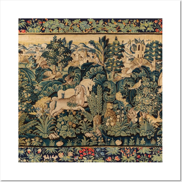 FANTASTIC ANIMALS AND HORSES IN WOODLAND Blue Green Ivory Antique French Tapestry Wall Art by BulganLumini